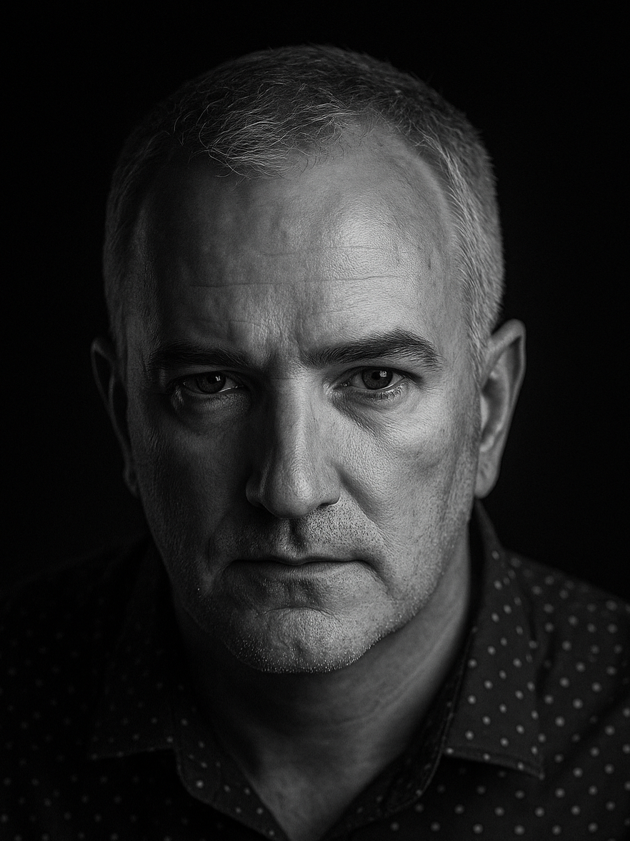 Black and white portrait of Andrew McDonald, founder of Immortal AI